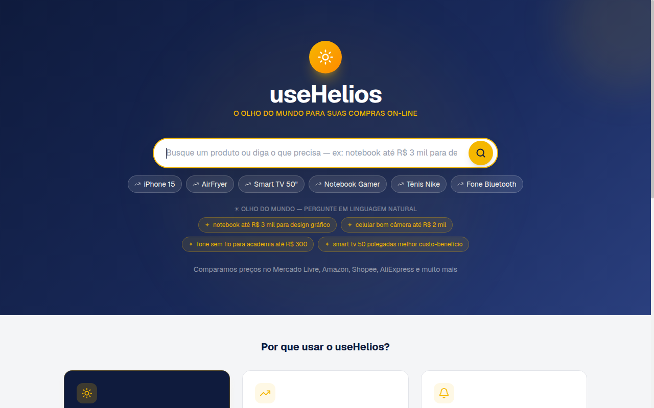 Captura de tela do useHelios — comparador de preços com busca por IA